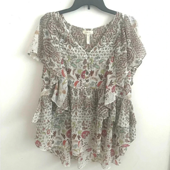 Matilda Jane Blouse L Boho Floral Ruffle Peasant Festival Flowy Short Sleeve - Picture 2 of 5